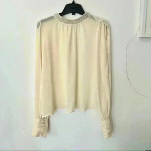 Lush Women’s Sheer White Cream Blouse Boho Timeless Sheer Bejeweled Collar Small
